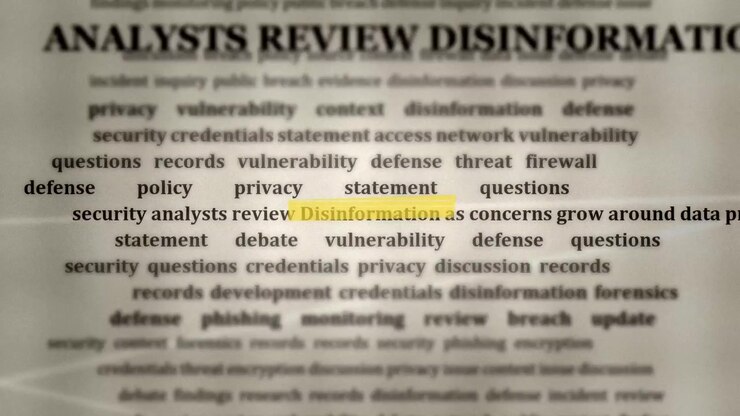 Highlighted Disinformation text moves across research content about cybersecurity phishing malware threats and digital information