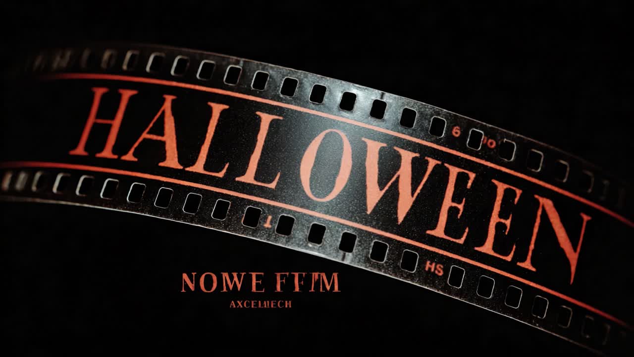 Old thirty five millimeter film strip with the word Halloween in orange font unspooling in a dark room. Vintage aesthetic for horror cinema, scary movies, or spooky October celebrations