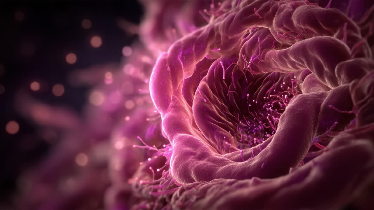 Um close-up intrincado de uma estrutura orgânica brilhante exibindo tons de rosa vibrantes entrelaçados com filamentos delicados, criando uma profundidade e textura visual hipnotizantes.