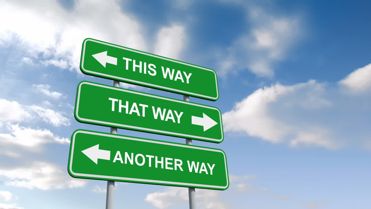 이쪽과 저쪽의 표지판은 파란 하늘을 향해