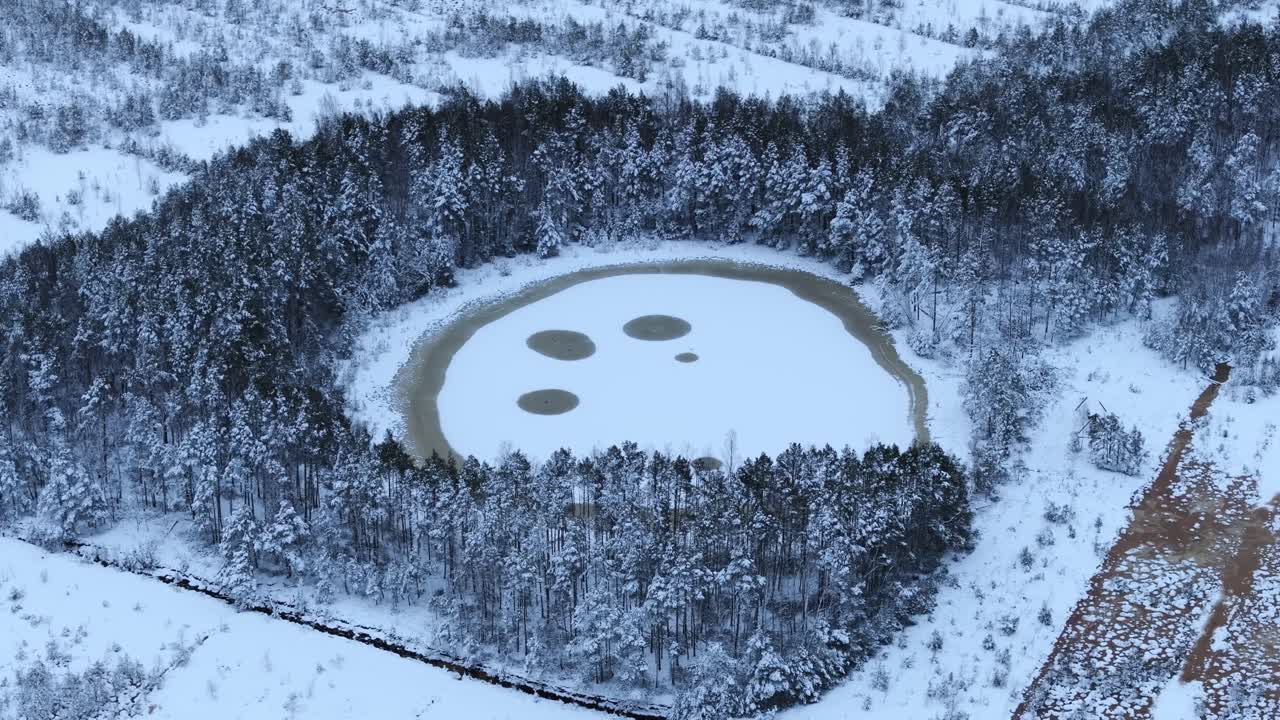 Peat circles emerge through ice as snowy forest encloses frozen lake in Medema wetland