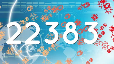 animation of numbers increasing, coronavirus cells flying over globe spinning