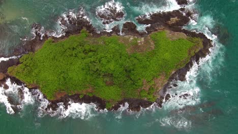 drone headshoot hidden island with trees in the middle of the ocean, waters and rocks, deserted island