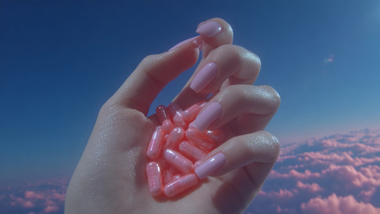Una mano che tiene capsule rosa acceso su un cielo nuvoloso da sogno: cattura l'essenza del benessere e della salute vibrante in un ambiente surreale