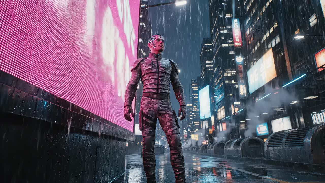 Paisaje urbano ciberpunk con personaje futurista
