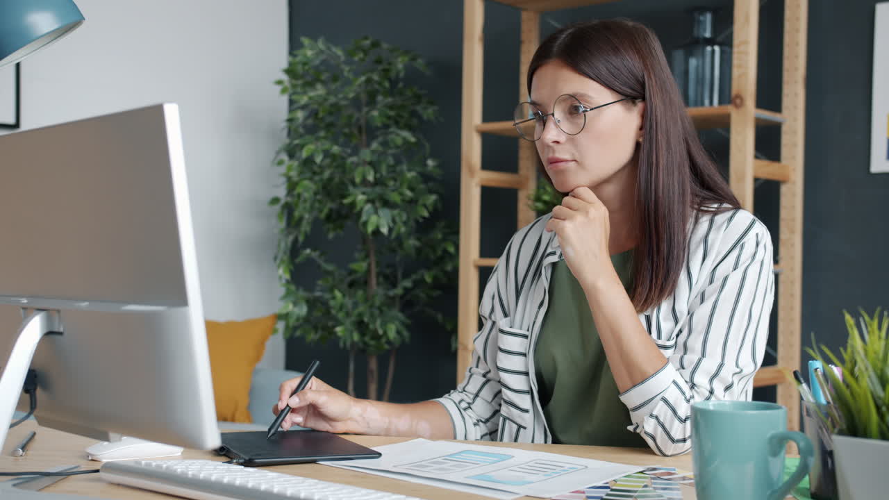 Woman Designer Working on Computer and Graphics Tablet