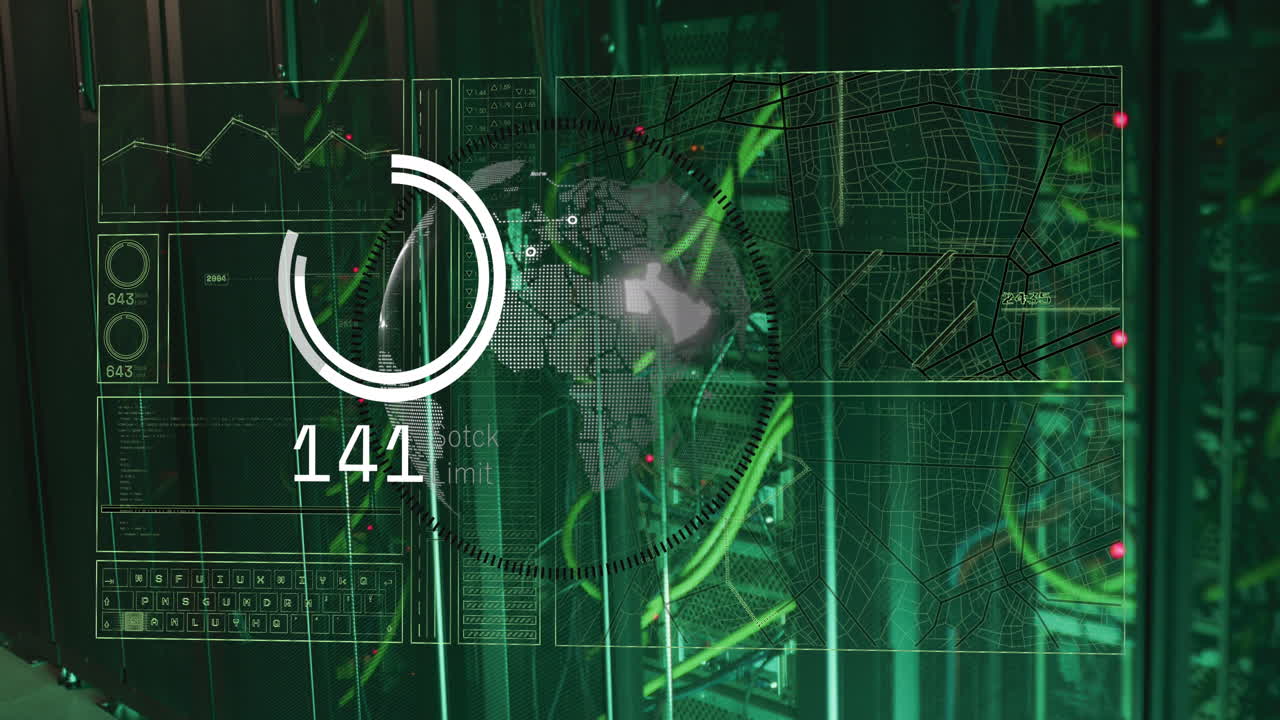 animación del globo y procesamiento de datos sobre la sala del servidor