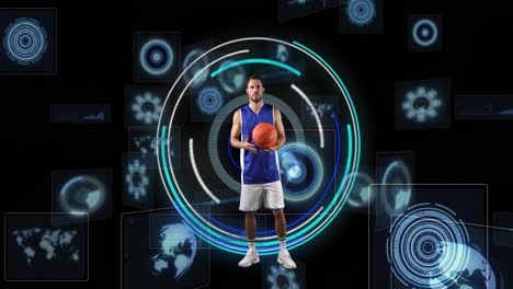 animation of caucasian male basketball player over scope scanning on black background