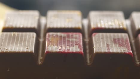 closeup of a chocolate bar with red filling