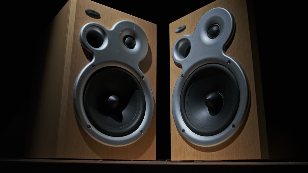 los altavoces de audio vibran de sonido bajo en cámara lenta sobre fondo negro