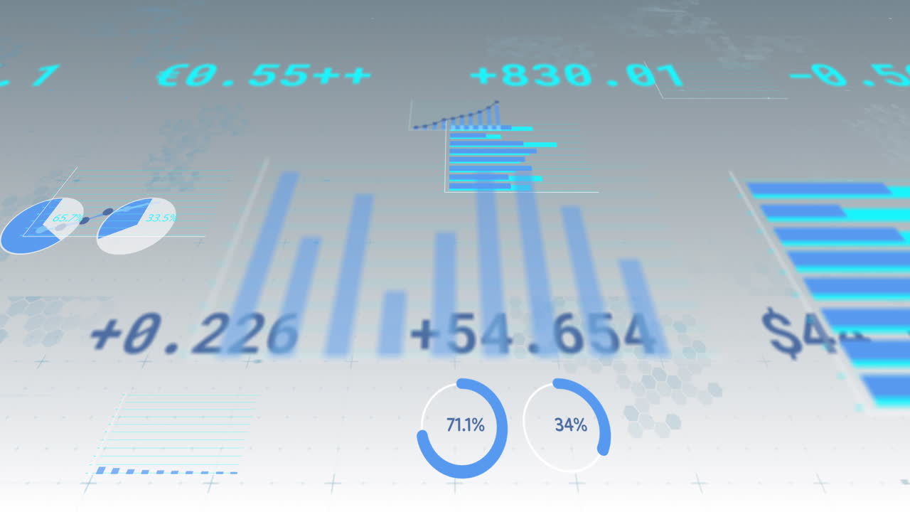 Animation of financial data processing, numbers changing and statistics