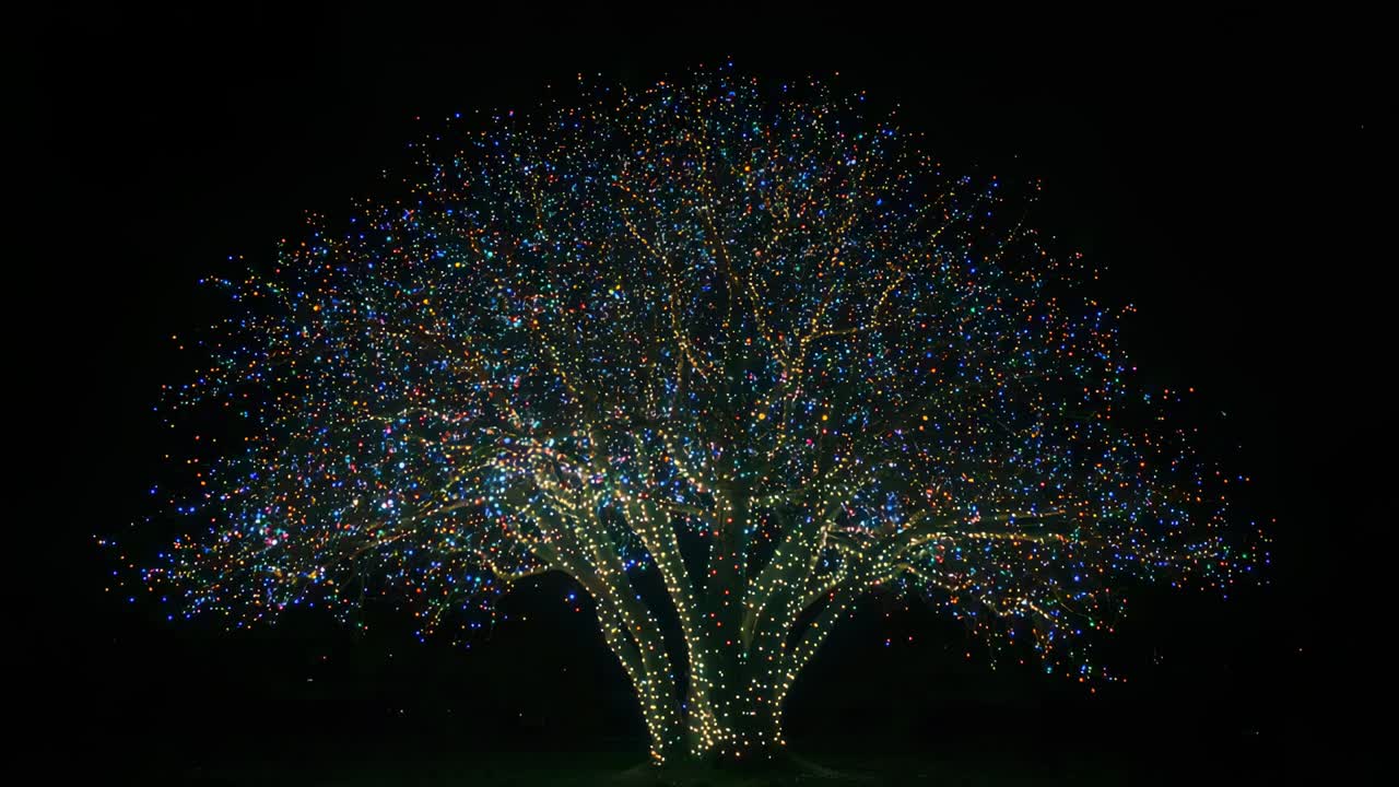 Twinkling bulbs causing tree shimmering on lawn at night, wrapped trunk lights and colored bulbs