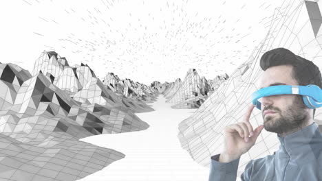 hombre caucásico con gafas vr contra estructuras de montaña en 3d contra un fondo blanco
