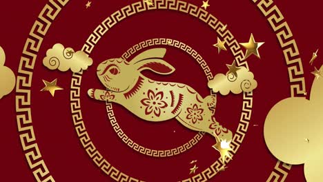 animation of chinese traditional decorations with rabbit and stars on red background