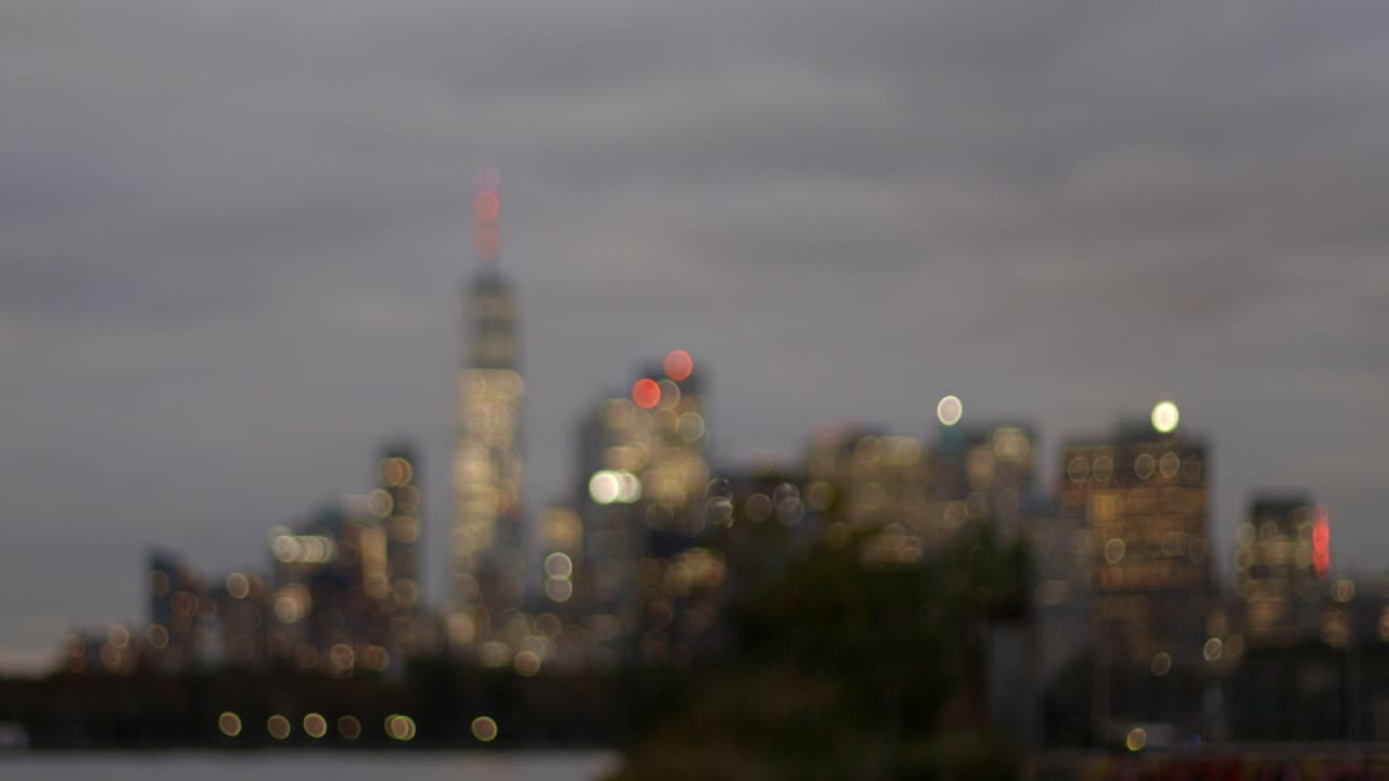 New York City skyline, wide angle view, out of focus