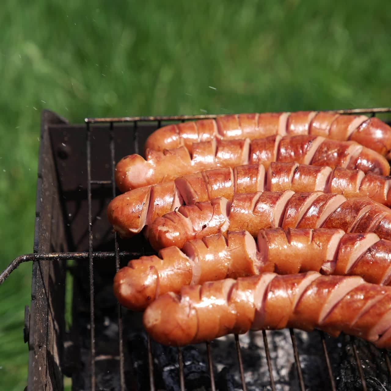 Tasty fried sausages on a grill. Grilled sausages with incisions ready to eat for a picnic. Hot dog sausages roasting in charcoals outdoors. Barbeque