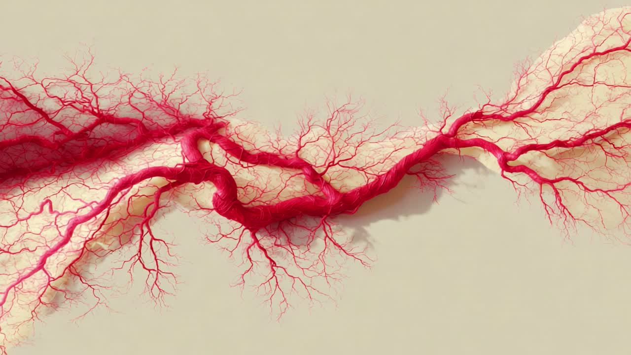 An Artistic Representation of Human Vascular Structure Showcase with Intricate Red Veins and Capillaries Spread Across a Neutral Background, Symbolizing the Complexities of the Circulatory System