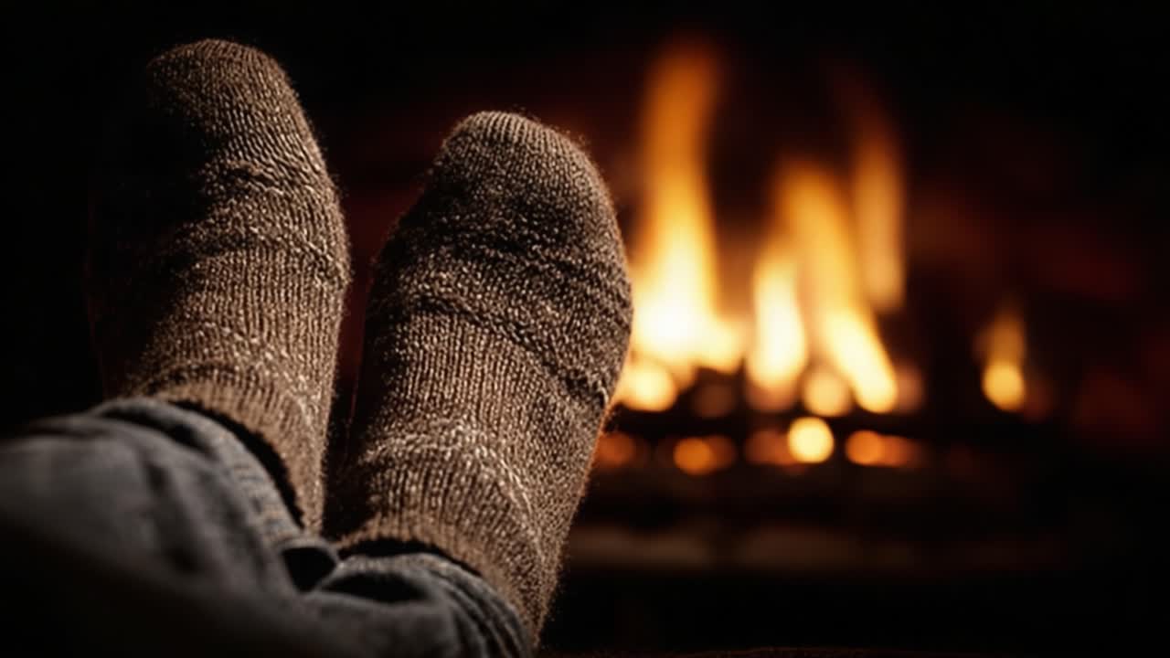 Cozy Feet by the Warm Fireplace: A Serene Moment Showcasing Comfort and Relaxation with Soft Socks Emitting a Warm Feeling in the Flickering Glow of Firelight