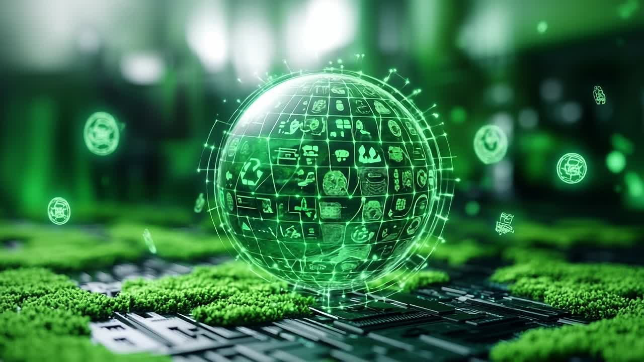 Sustainable tech concepts. A green digital globe surrounded by icons represents eco-friendly technology and sustainability in a modern setting.