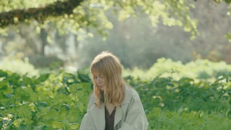 Woman-sits-in-park-reading-a-book-as-strong-breeze-picks-up,-tilt-down