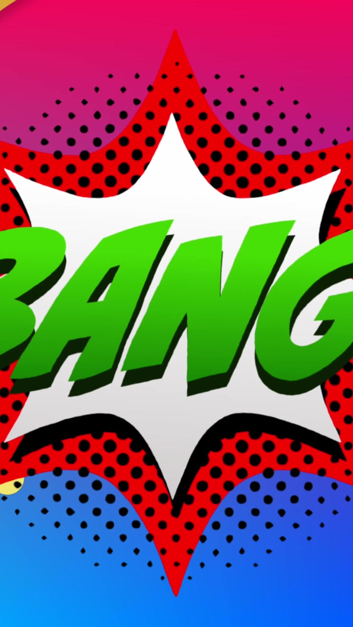 Animazione del testo 'Bang' su un fumetto retrò e sfondo a motivi