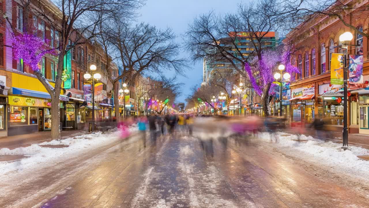 A Serene Winter Evening on a Vibrant Urban Street Filled with Colorful Lights and Wandering Passersby Amidst the Chill of Snow and Ice