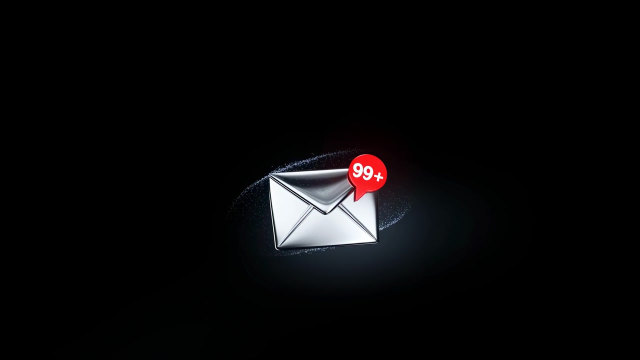 Il simbolo della busta metallica rimane centrato mentre l'indicatore di notifica rosso aumenta sopra di esso su uno sfondo nero, con un bagliore sottile, una superficie riflettente e una composizione visiva pulita e minimale