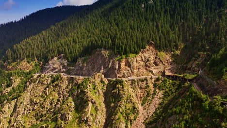 approaching a spectacular highway situated on the mountain slope. pine tree woods cover the cliff rocks. romania from drone footage