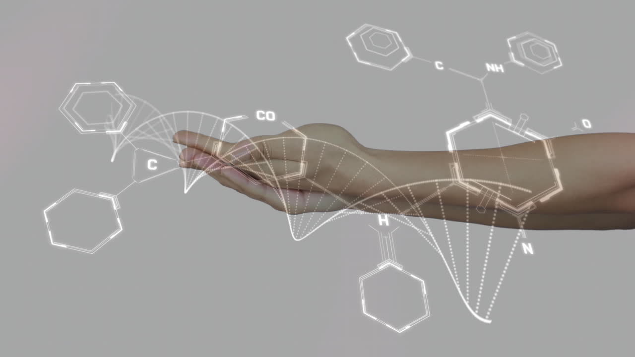 손으로 분자 구조를 잡고, 화학 결합과 원소의 애니메이션