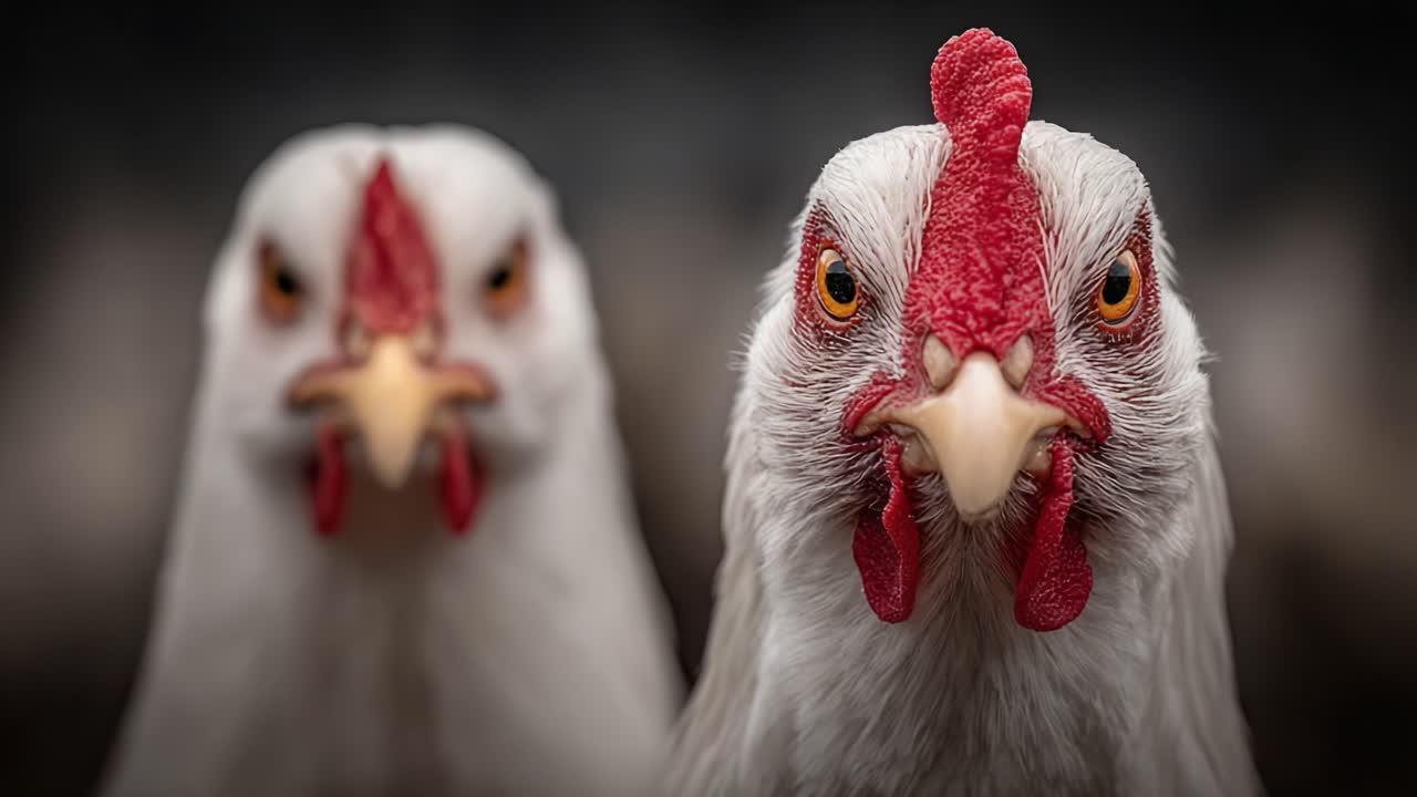 Primer plano de dos pollos blancos en actitud de alerta, que muestra sus intrigantes rasgos y expresiones en un espectacular entorno de corral.