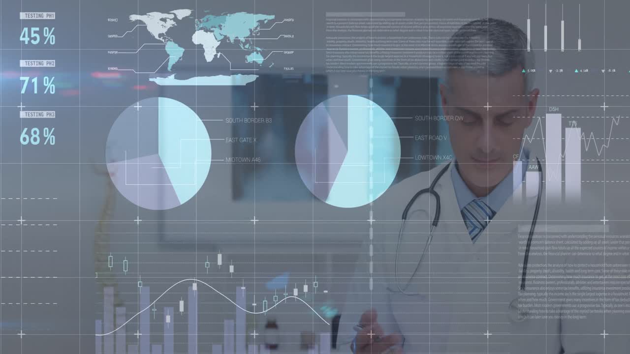 animación del procesamiento de datos financieros sobre el médico caucásico