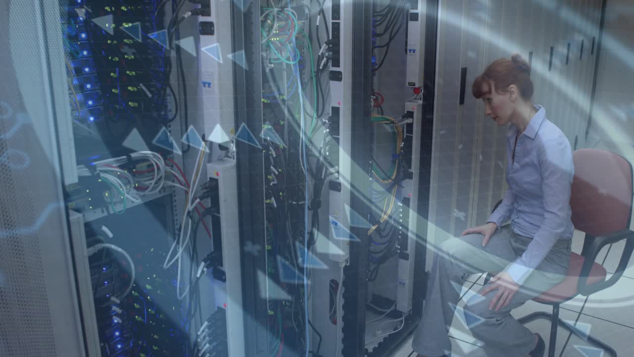 Woman IT tech leaning into racks scanning cables after overlay sweeping highlights LEDs, diagnosing