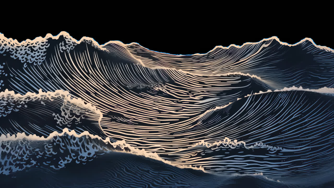 Intricate ocean wave art animated overlay, transparent 4K video, alpha channel, ProRes 4444