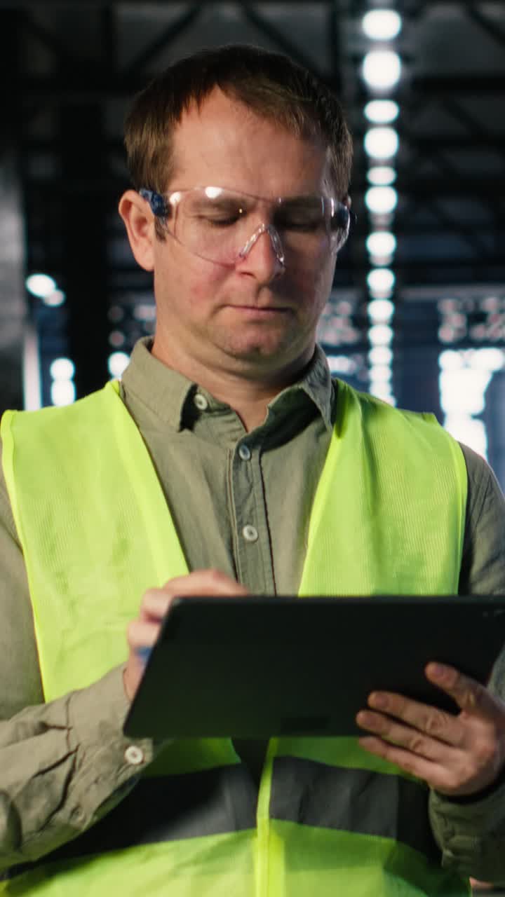 Vertical Video Worker in a manufacturing facility manages heavy machinery activity on tablet