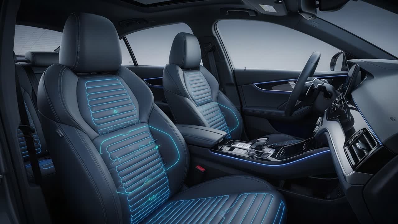 Futuristic Car Interior with Innovative Seat Design Showcasing Advanced Heating and Cooling Elements for Maximum Comfort and Style