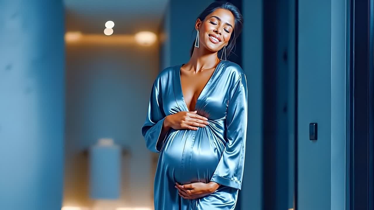 A pregnant woman in a blue dress standing in a hallway