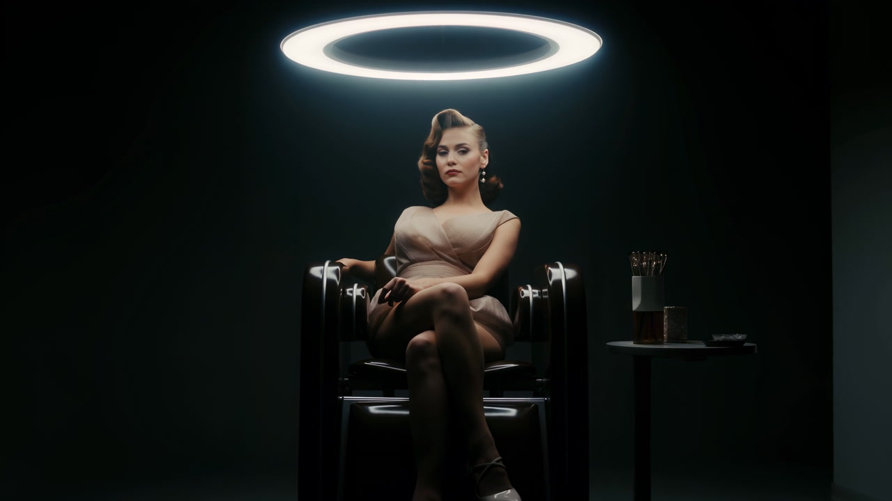Woman Under Halo Light Sitting In Leather Chair Wearing Vintage Dress, Crossed Legs, Holding Cocktail Glass