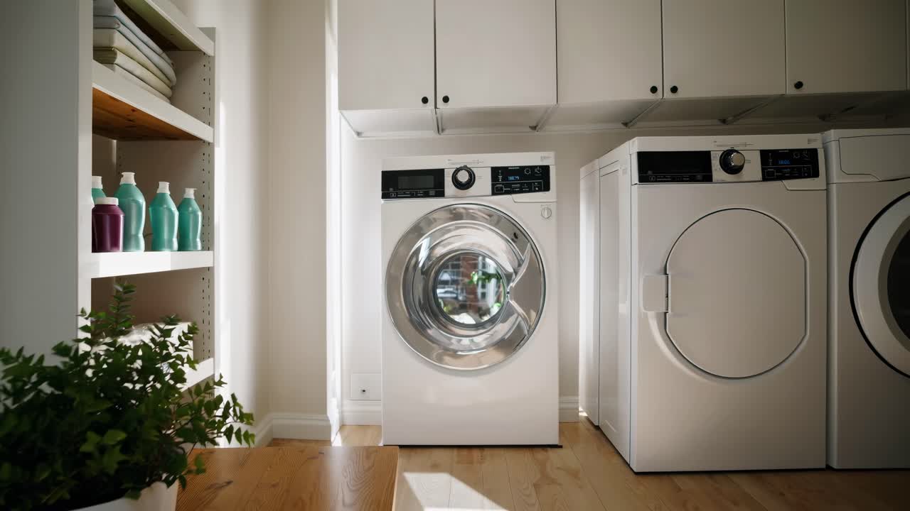 Wide-angle shot of a modern laundry room with a video tutorial vibe, showcasing a washer, dryer