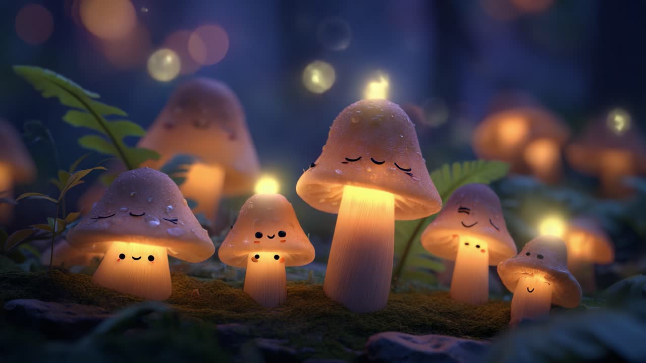 Una scena magica di una foresta con funghi luminosi: funghi incantati che irradiano una luce soffusa in un'atmosfera mistica, circondati da vegetazione ed effetti bokeh delicati