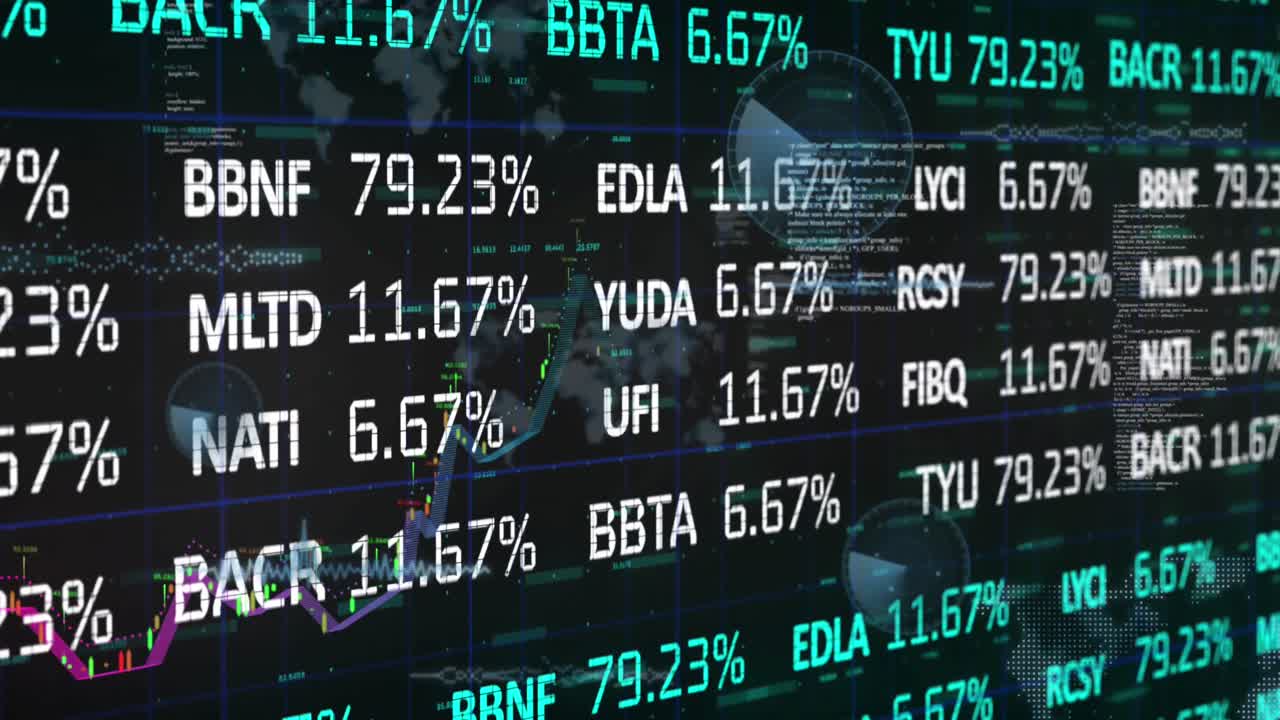 Animation of financial data processing and statistics on black background