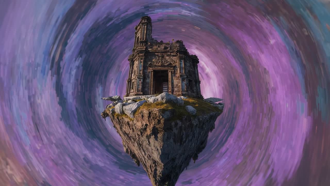 Zooming camera bringing ornate stone temple atop triangular floating island closer in purple vortex