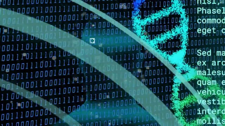Binary pulse starting, driving blue head shifting as DNA helix forming, visualizing biometric data