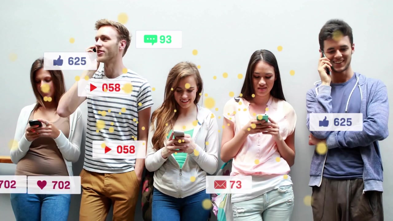Group tapping phones, causing animated alerts swirling around group for technology marketing
