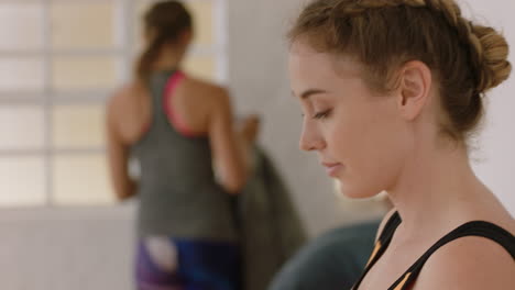 beautiful caucasian woman dancer using smartphone in dance studio texting sharing practice on social media resting after intense workout exercise