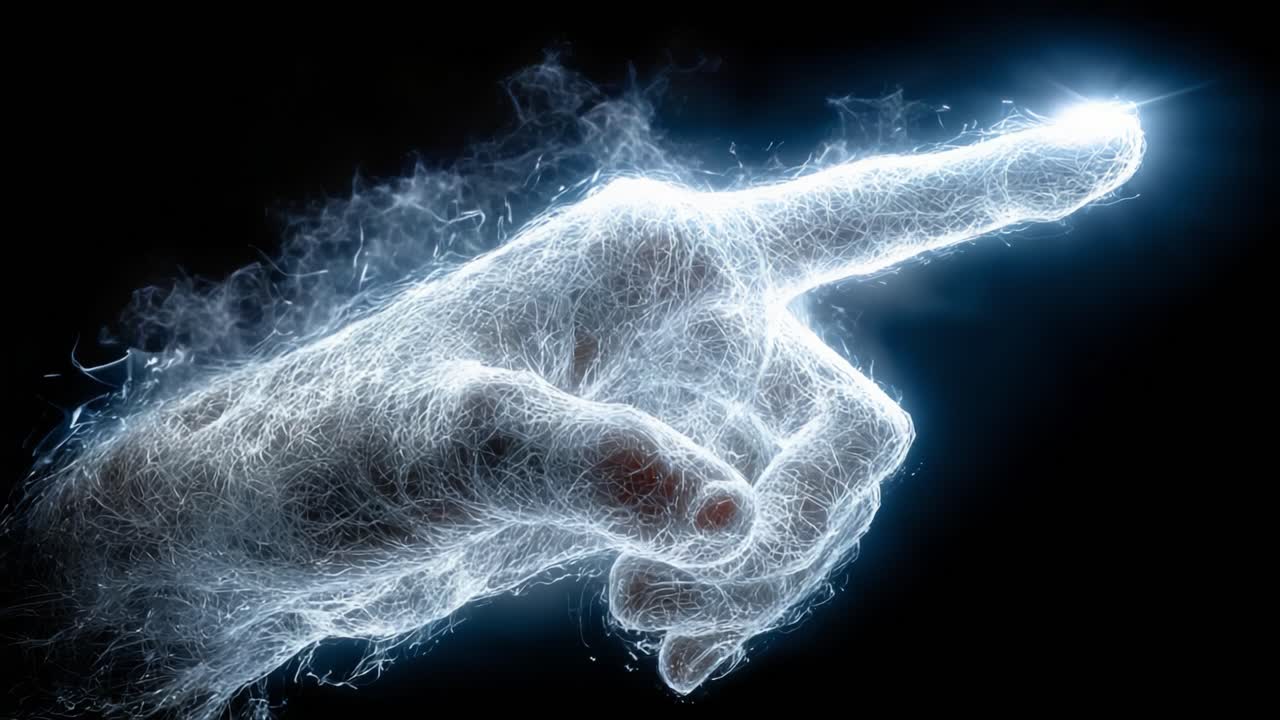 Eine beleuchtete Hand, die in die Zukunft weist: Eine atemberaubende Darstellung von künstlerischem Licht und ätherischer Energie, festgehalten in einem beeindruckenden visuellen Konzept.