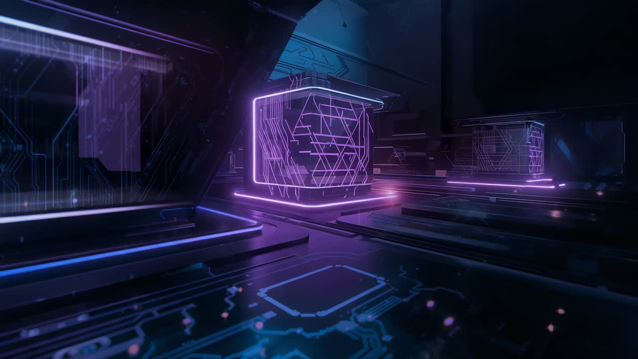 Pulsing central neon cube activating, showing wireframes in tech chamber with rear cube