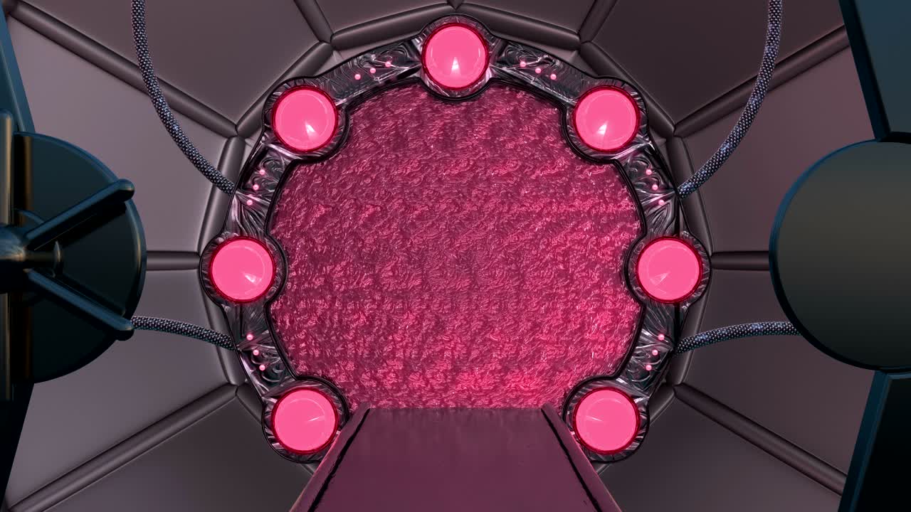 iron hatch는 우주선 풍경 장면에 대한 파노라마 뷰를 열어줍니다. 포털과 함께 공상 과학 복도의 3d 추상적인 배경.