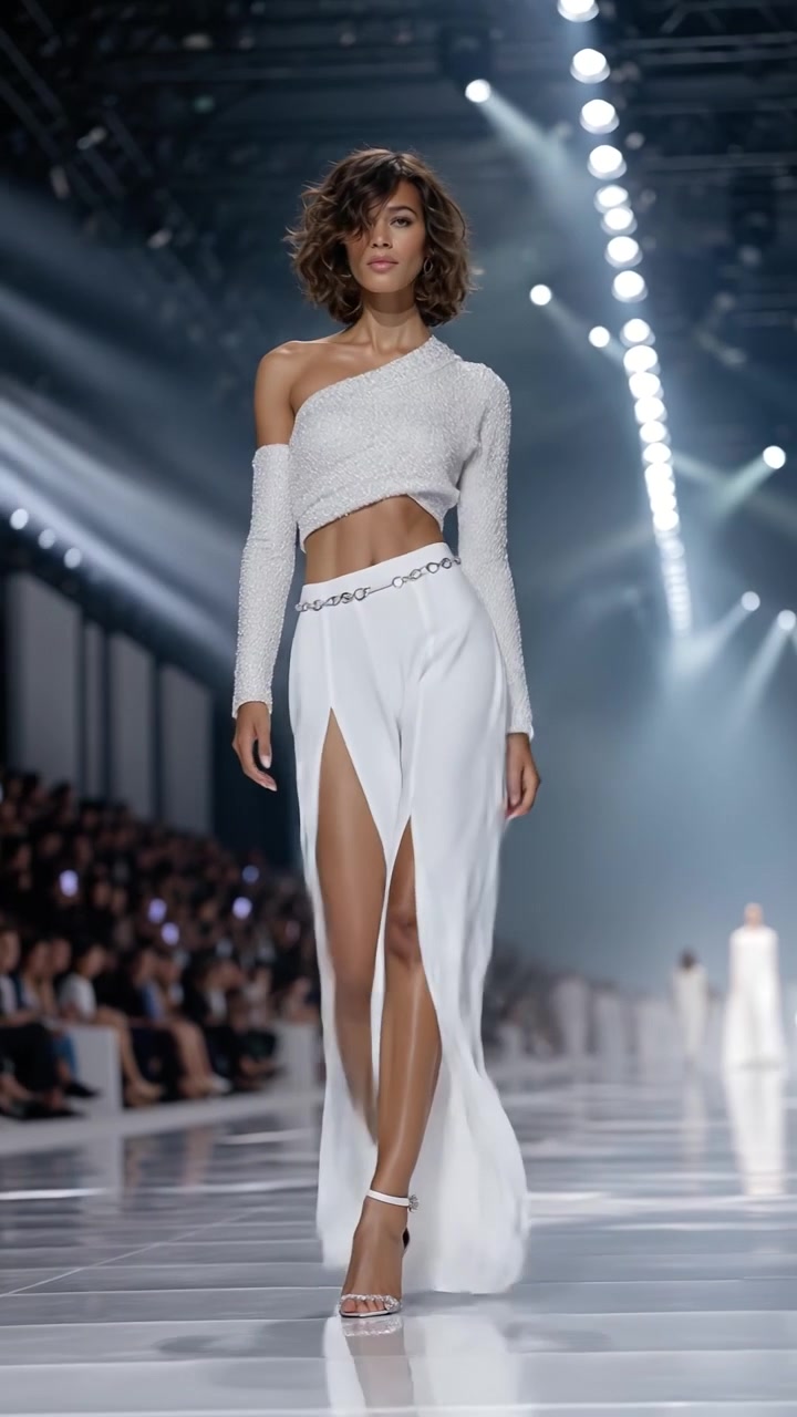 Modella di alta moda in un abito bianco scintillante che cammina su una passerella illuminata a giorno.