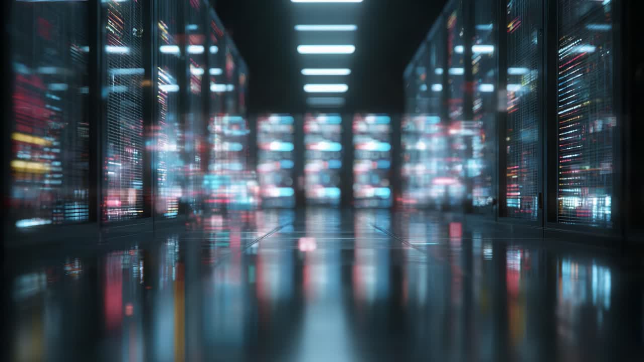 A Stunning Glimpse into a Modern Data Center Filled with High-Tech Servers and Brilliant LED Lighting, Showcasing the Future of Information Technology Infrastructure
