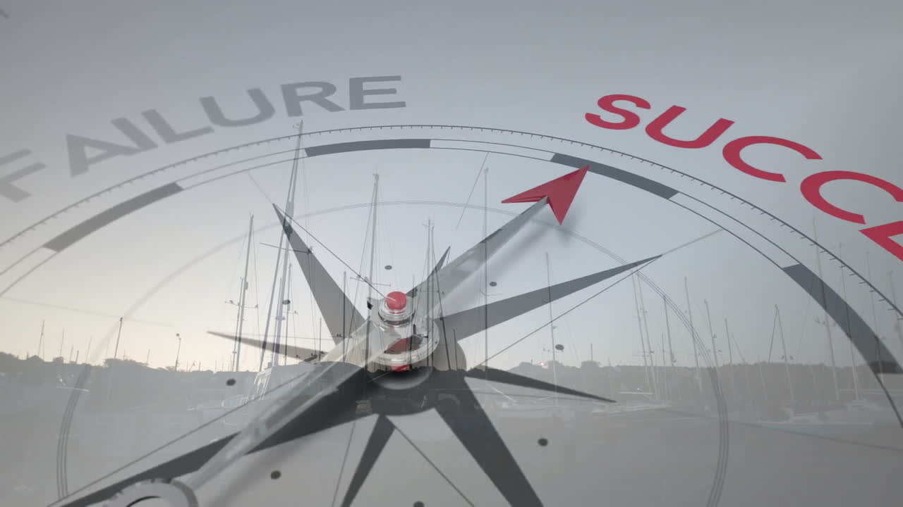 Compass needle pointing towards success with marina and boats in background